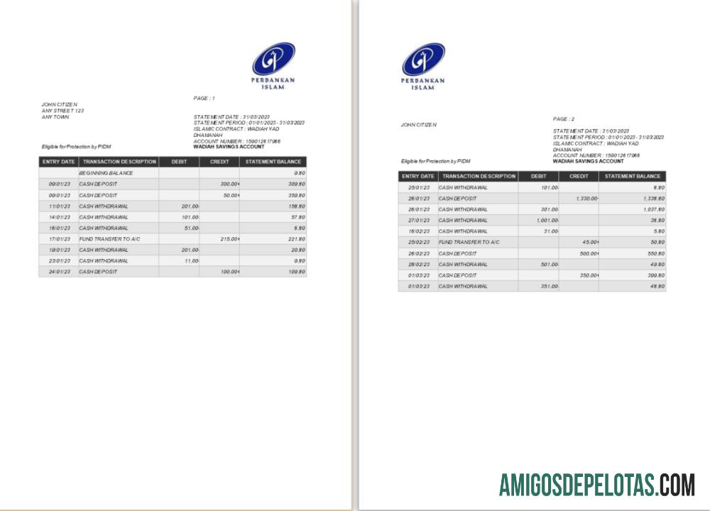 Extrato bancário islâmico da Malásia, modelo Word e PDF 1 Scr examplo